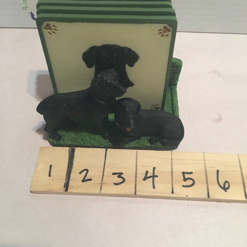 Black Lab Dogs Four Coaster Set with Holder Handpainted 3D Resin Read Descript